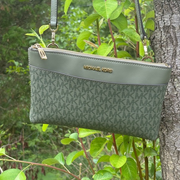 Michael Kors Olive Green Monogram Wristlet Crossbody